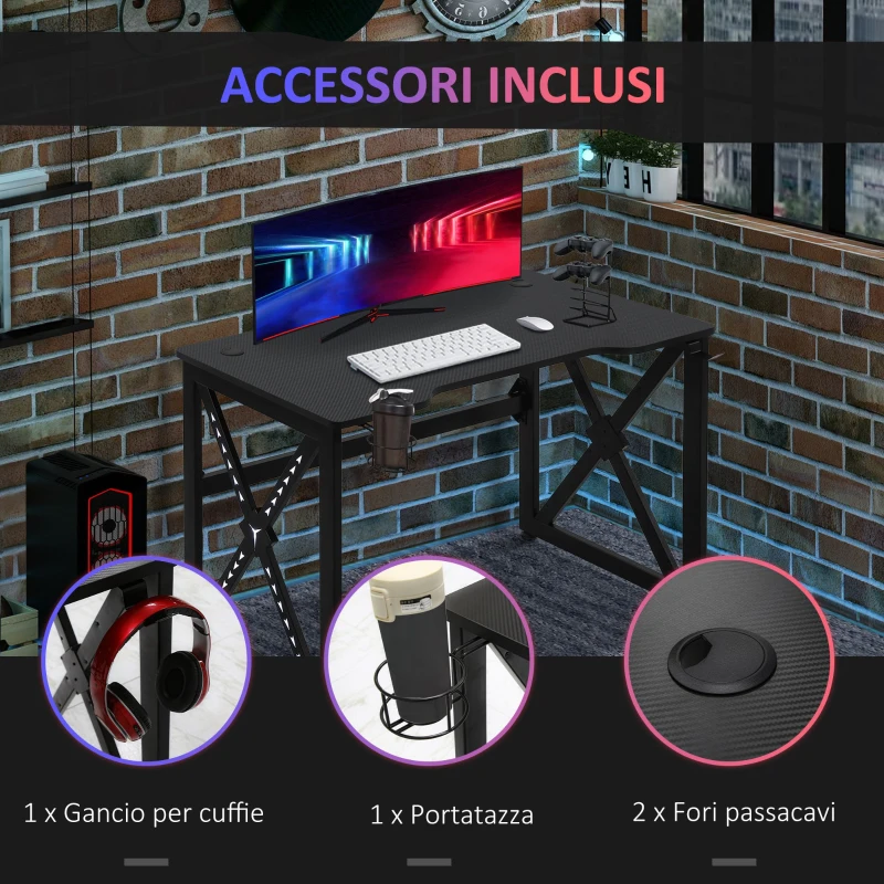 HOMCOM Scrivania da Gaming con Luci a LED di 20 Colori, Scrivania per Computer Porta PC con Portabicchieri e Gancio Cuffie, 120x60x73cm, Nera