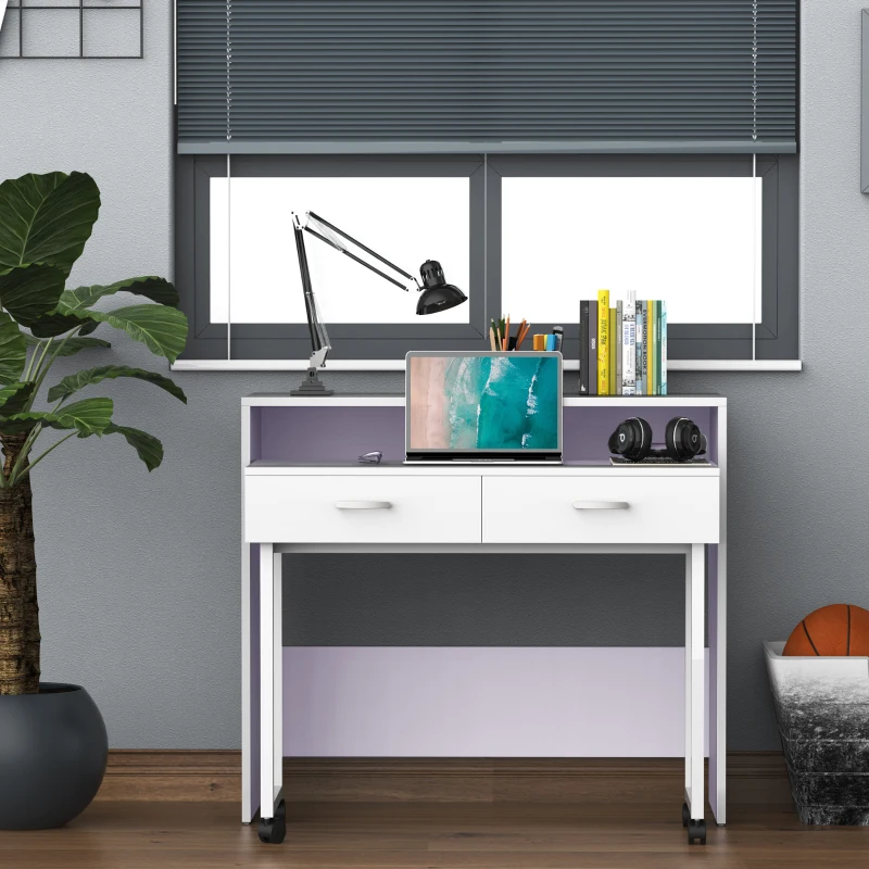 HOMCOM Mesa Dupla para Computador PC com Gavetas e Rodas 100x36x88cm Branco