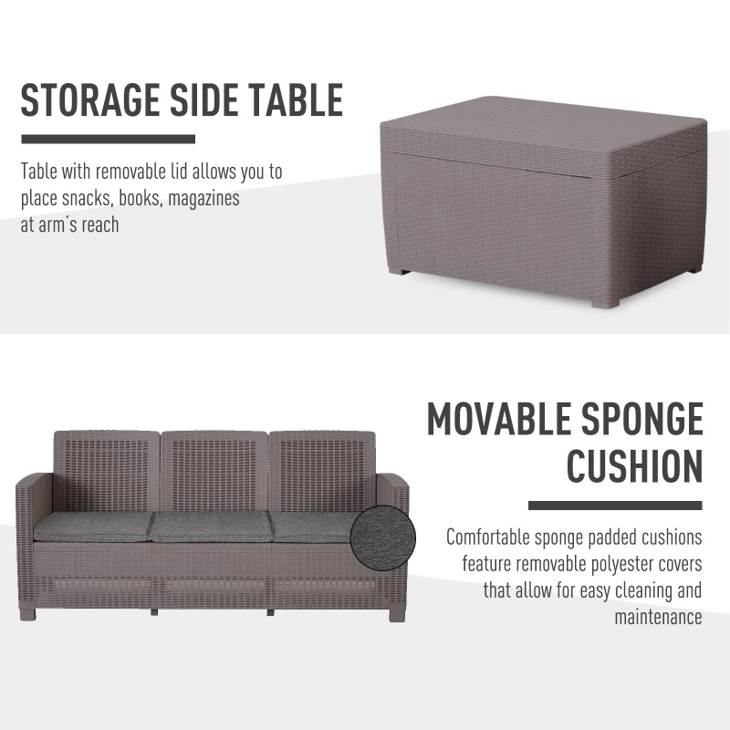 Outsunny Salottino Esterni Componibile in PP Effetto Rattan Set da 4 Pezzi Grigio con Divano, Poltrona, Tavolo Contenitore e Cuscini