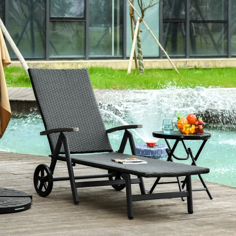 Outsunny Transat bain de soleil pliable style colonial inclinaison réglable multipositions accoudoirs roues résine tressée 4 fils noir