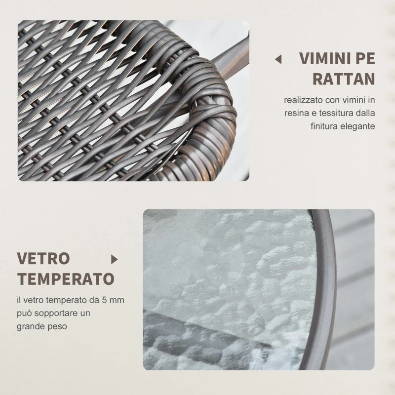 Outsunny Set Tavolo Pieghevole e 2 Sedie da Giardino in Acciaio e Rattan PE, Arredamento da Esterno da 3 Pezzi Marrone
