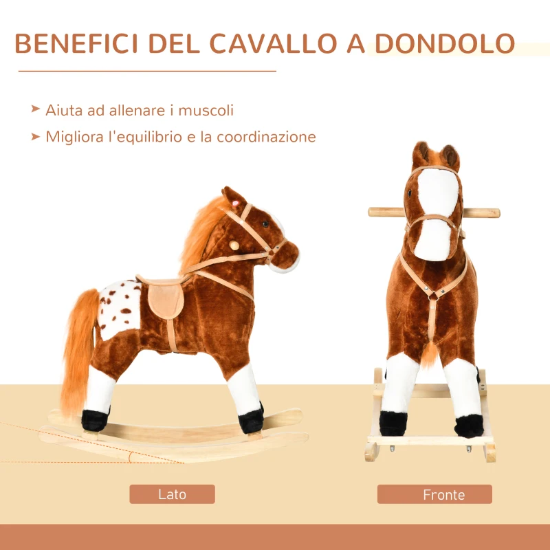 HOMCOM Cavallo a Dondolo in Legno con Suono Animale Regalo Giocattolo per i Bambini, 74 x 28 x 65 cm, Marrone