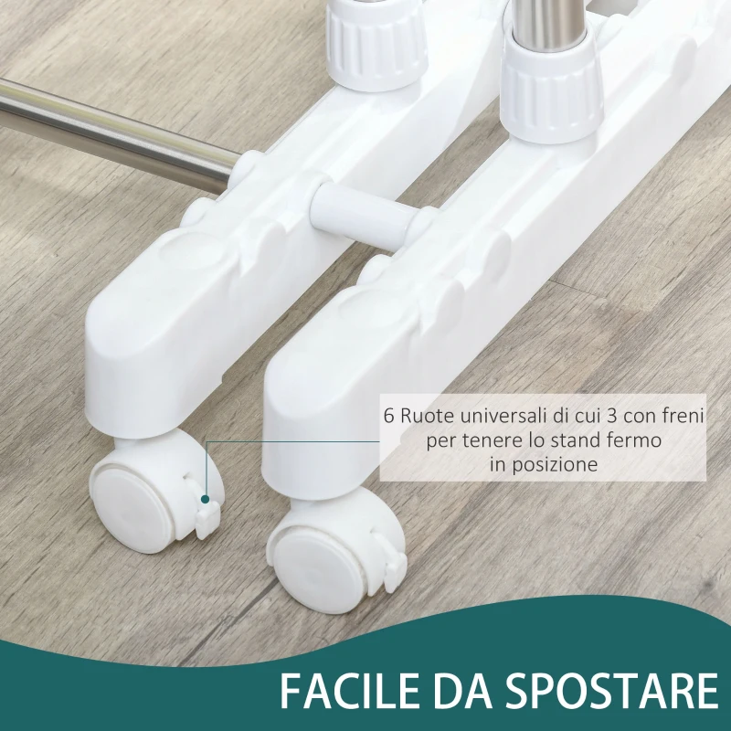 HOMCOM Stender Estensibile Appendiabiti Stendibiancheria 3 Livelli con Portascarpe e Ruote, Acciaio e PP, Bianco, 93-172x42x95-162.5cm