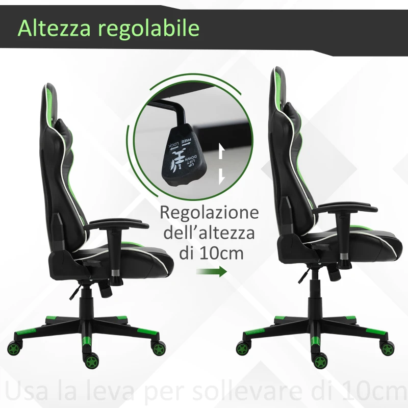 Vinsetto Poltrona da Gaming con Altezza Schienale Regolabile, Sedia Ufficio con Poggiatesta e Cuscino Lombare Nera e Verde