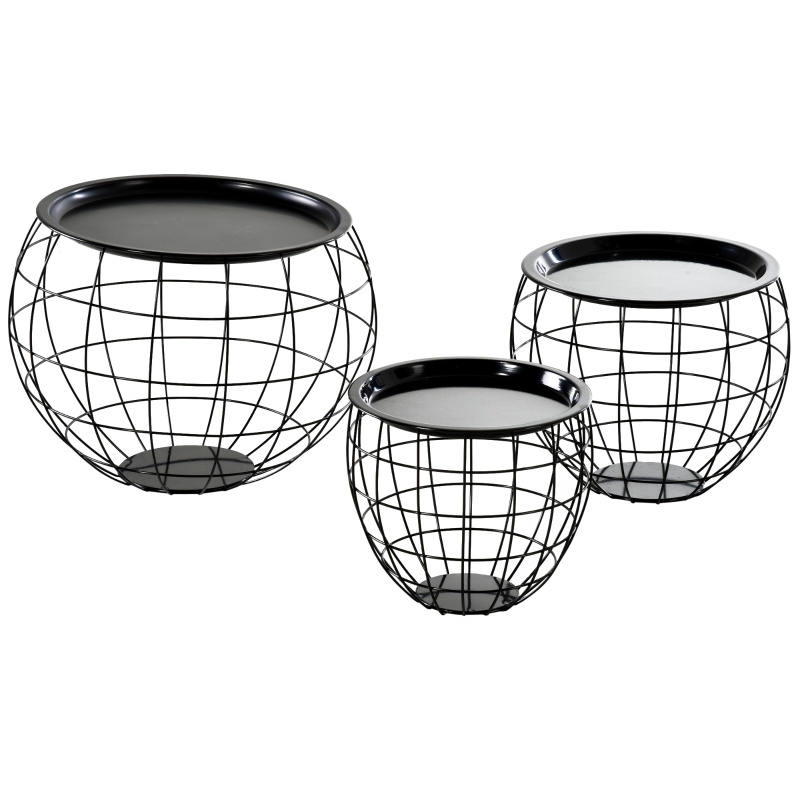 Homcom Set 3 Tavolini Rotondi con Funzione Contenitore Design a Griglia in Acciaio Nero