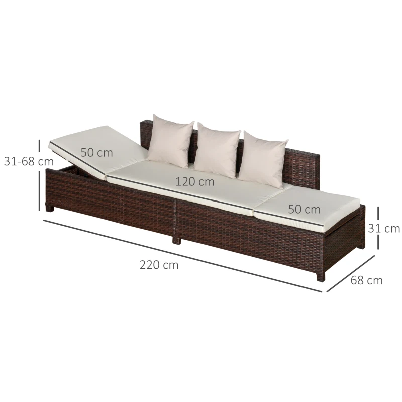 Outsunny Divano da Esterno Convertibile in Rattan Marrone, Salotto Mobile da Giardino con Cuscini Imbottiti, 220x68x62cm