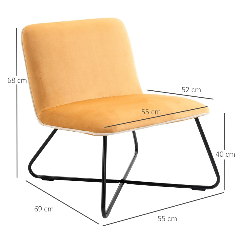HOMCOM Poltrona in Velluto Stile Nordico Senza Braccioli, Poltroncina da Camera con Base in Metallo Incrociata, 55x69x68cm, Giallo