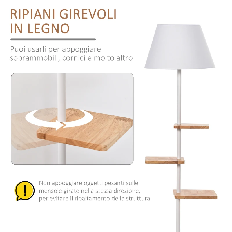 HOMCOM Lampada da Terra con 3 Ripiani Girevoli, Piantana da Terra, con Base in Marmo, Bianca Color Legno, Lampadine E27, 38x38x155cm