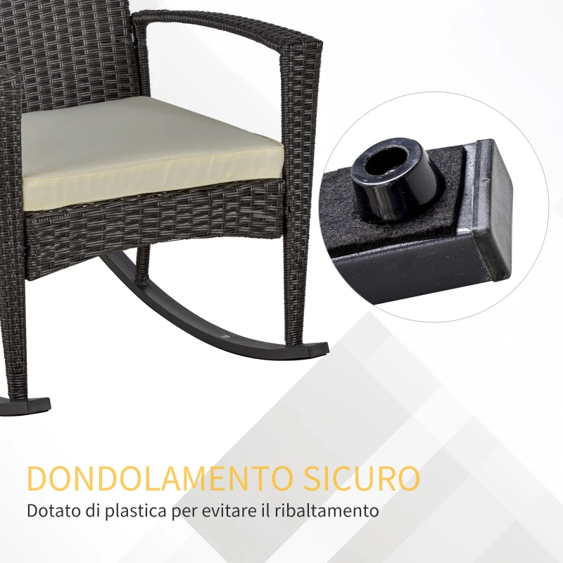 Outsunny Sedia a Dondolo da Giardino in Rattan PE con Cuscino e Braccioli per Arredamento da Esterno 66x88x98cm Marrone