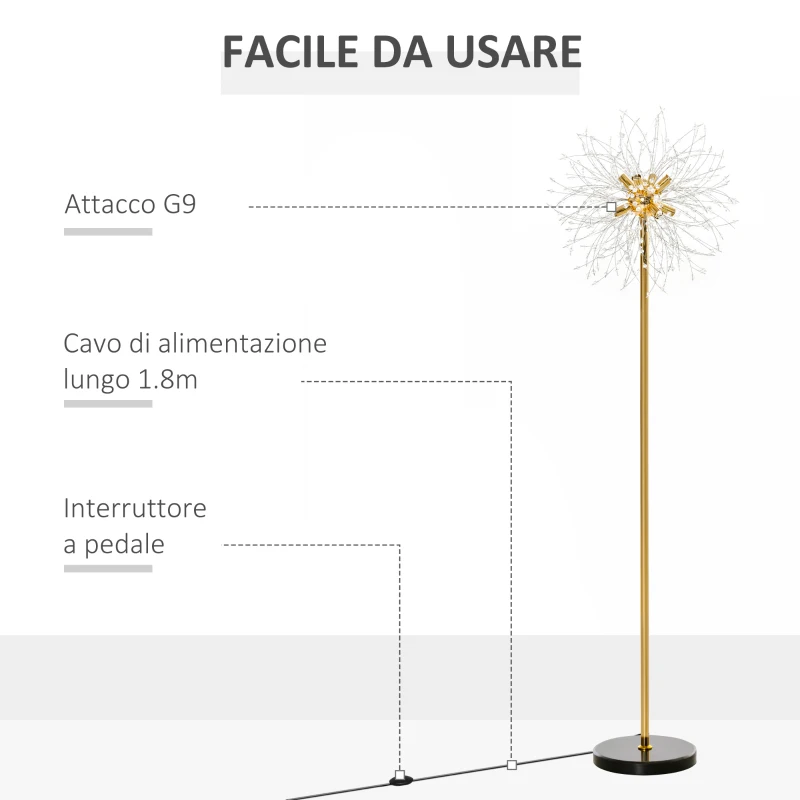 HOMCOM Lampada da Terra Moderna a Stelo con Piantana e Paralume con Cristalli, 8 Punti Luce 40W, Ф40x160cm, Oro e Nero
