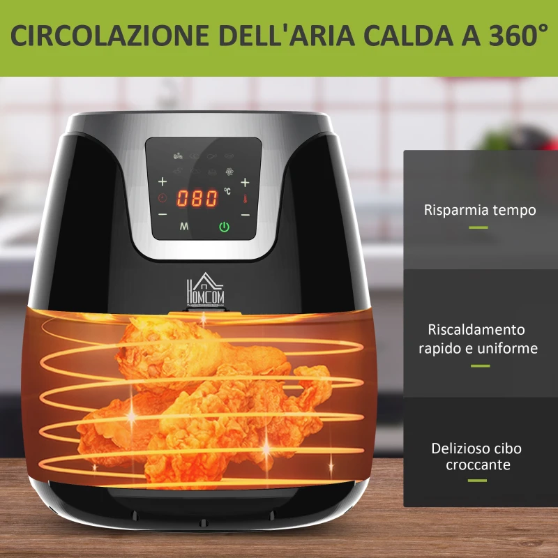 HOMCOM Friggitrice ad Aria Calda 3.5L, 7 Programmi, Temperatura Regolabile 80-200°C, 1500W, Friggitrice Senza Olio con Timer 60 minuti, Touchscreen