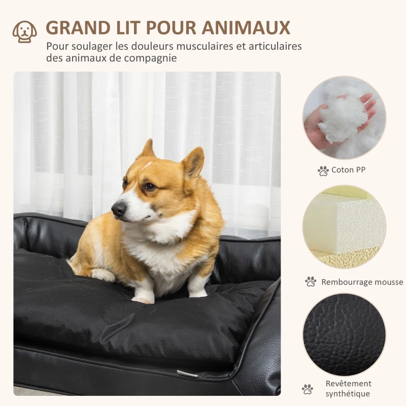 PawHut Panier lit pour chien chat matelas lavable coussin amovible déhoussable revêtement synthétique simili cuir moelleux grand confort pour grand chien chat - noir