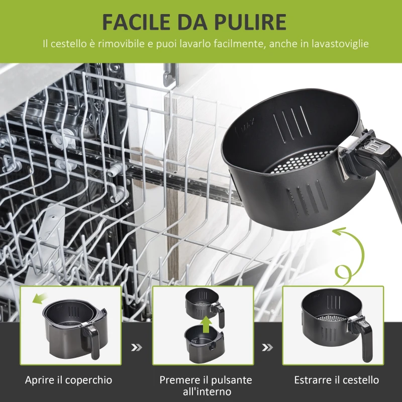HOMCOM Friggitrice ad Aria Calda Temperatura Regolabile da 80-200°C, 1300W, Friggitrice Senza Olio da 4L con Timer 30 minuti, Spegnimento Automatico, Nero