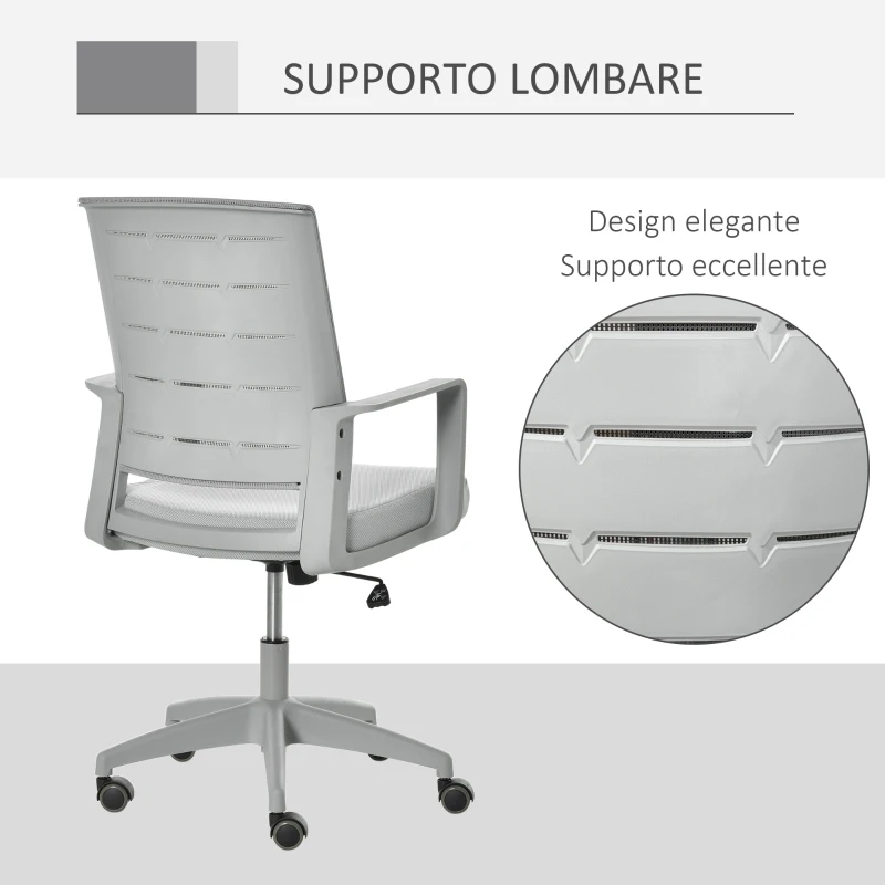 Vinsetto Sedia da Ufficio Ergonomica Girevole con Altezza Regolabile, Ruote e Braccioli, 59x61x95.5-105cm Grigio