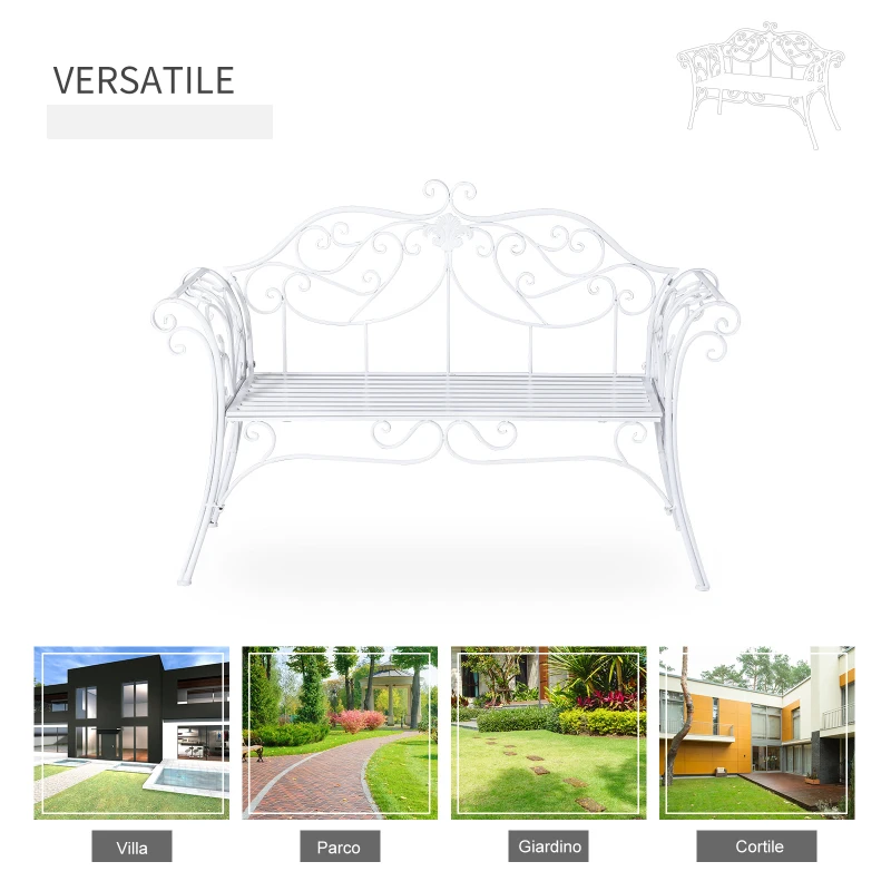 Outsunny Panchina in Metallo da Giardino, Panca da Giardino 2 Posti, 134x51x89cm - Bianco