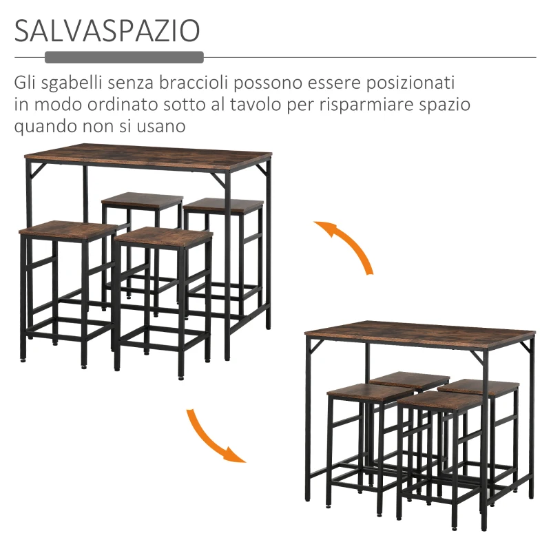 HOMCOM Set Tavolo Alto con 4 Sgabelli Stile Industriale in Metallo e Legno, Arredamento Moderno Soggiorno e Cucina, Marrone Rustico