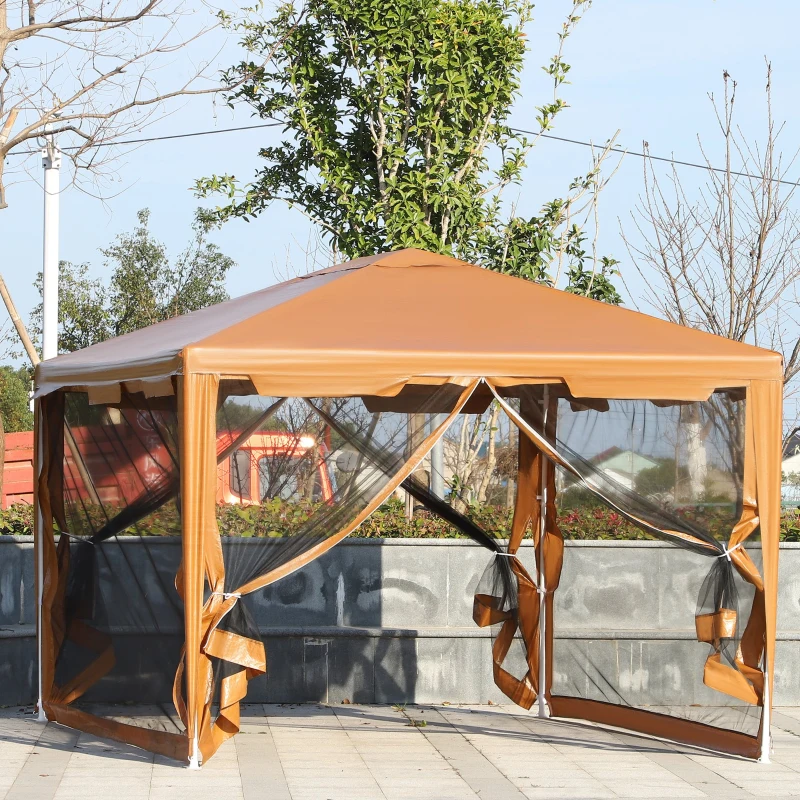 Outsunny Tenda Gazebo da Giardino Pieghevole con Zanzariera, Struttura in Metallo Copertura PE, 395x295cm, Marrone