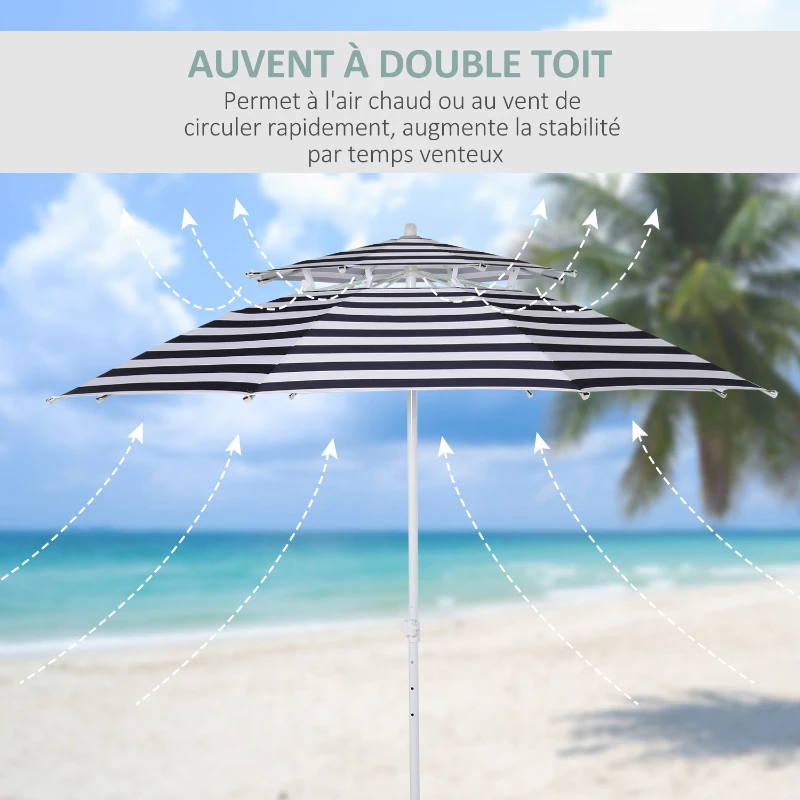 Outsunny Parasol droit octogonal double toit Ø 223 cm tissu polyester haute densité anti-UV hauteur réglable sac de transport inclus bleu blanc
