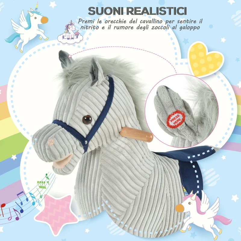 HOMCOM Cavallo a Dondolo per Bambini 3-6 Anni con Suoni in Peluche, 73x35x64cm, Grigio
