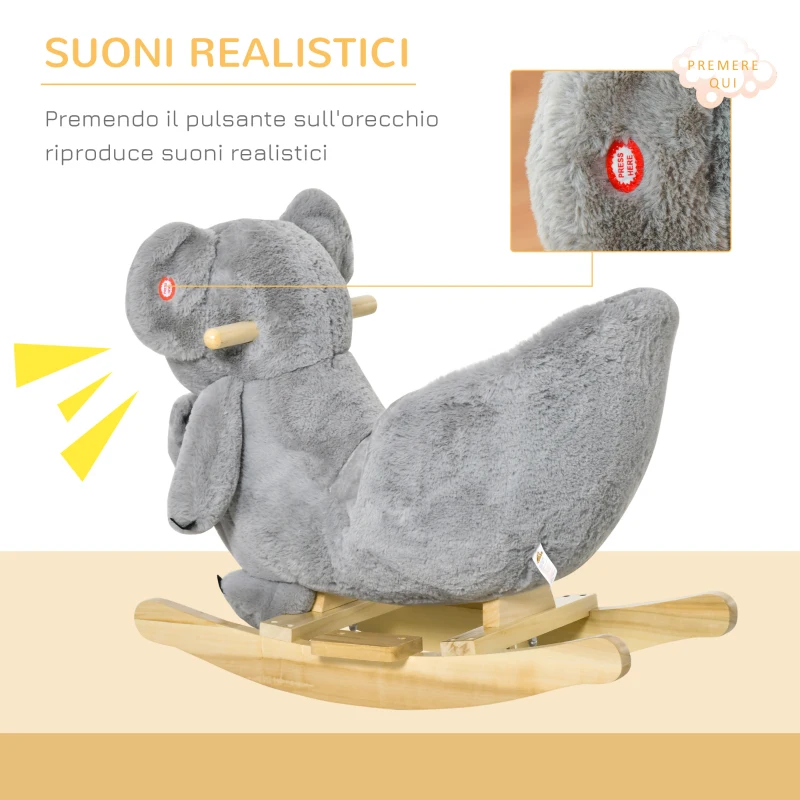 HOMCOM Cavallo a Dondolo Koala in Peluche Imbottita con Suoni, Cintura di sicurezza e Base in Legno, 60x33x50cm, Grigio
