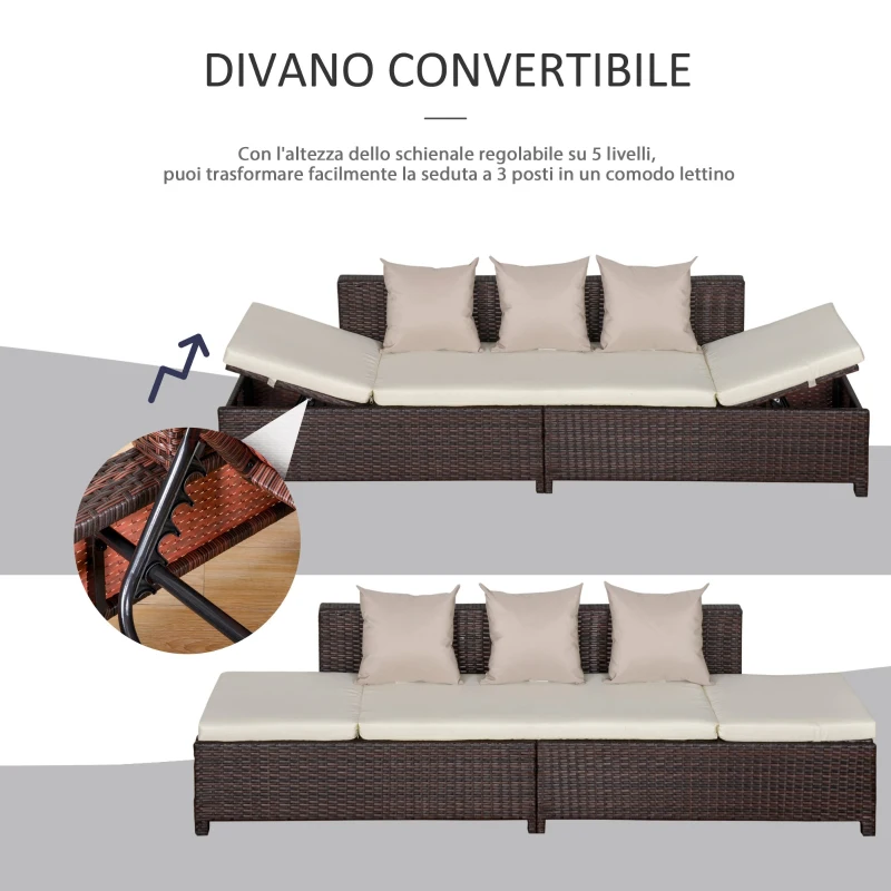 Outsunny Divano da Esterno Convertibile in Rattan Marrone, Salotto Mobile da Giardino con Cuscini Imbottiti, 220x68x62cm