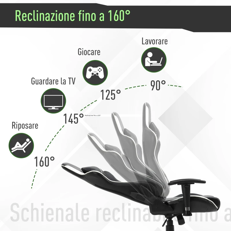 Vinsetto Poltrona da Gaming con Altezza Schienale Regolabile, Sedia Ufficio con Poggiatesta e Cuscino Lombare Nera e Verde