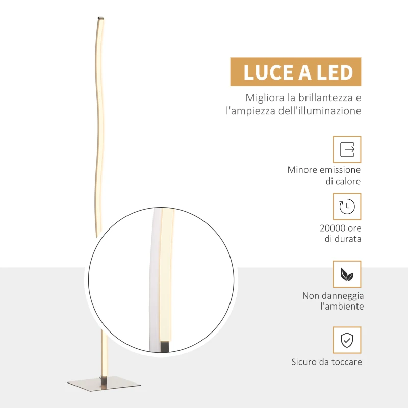 HOMCOM Lampada a Stelo, Lampada da Terra Design, Lampada Piantana con Luci a LED Bianco Caldo, 12W, Argento, 22x22x144cm
