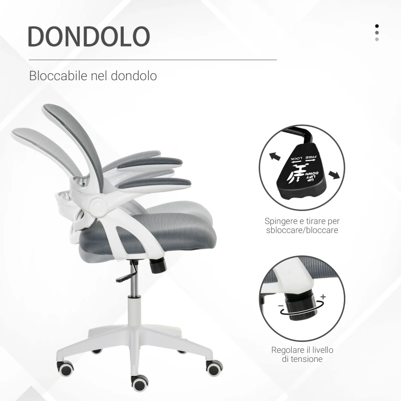 Vinsetto Sedia da Ufficio Ergonomica con Schienale a Rete e Seduta Imbottita, Altezza Regolabile, 65.5x61.5x88-97.5cm, Grigio