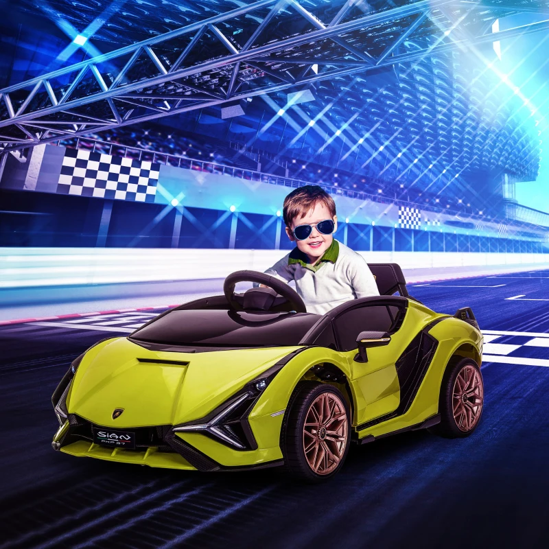 HOMCOM Lamborghini Macchina Elettrica per Bambini 12V con Fari e Musica, Telecomando e Velocità 3-5km/h, Età 3-5 Anni, 108x62x40cm, Verde