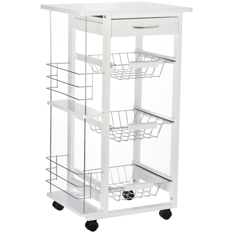 Desserte de cuisine 3 paniers métal tiroir + 2 range-bouteilles bois pin