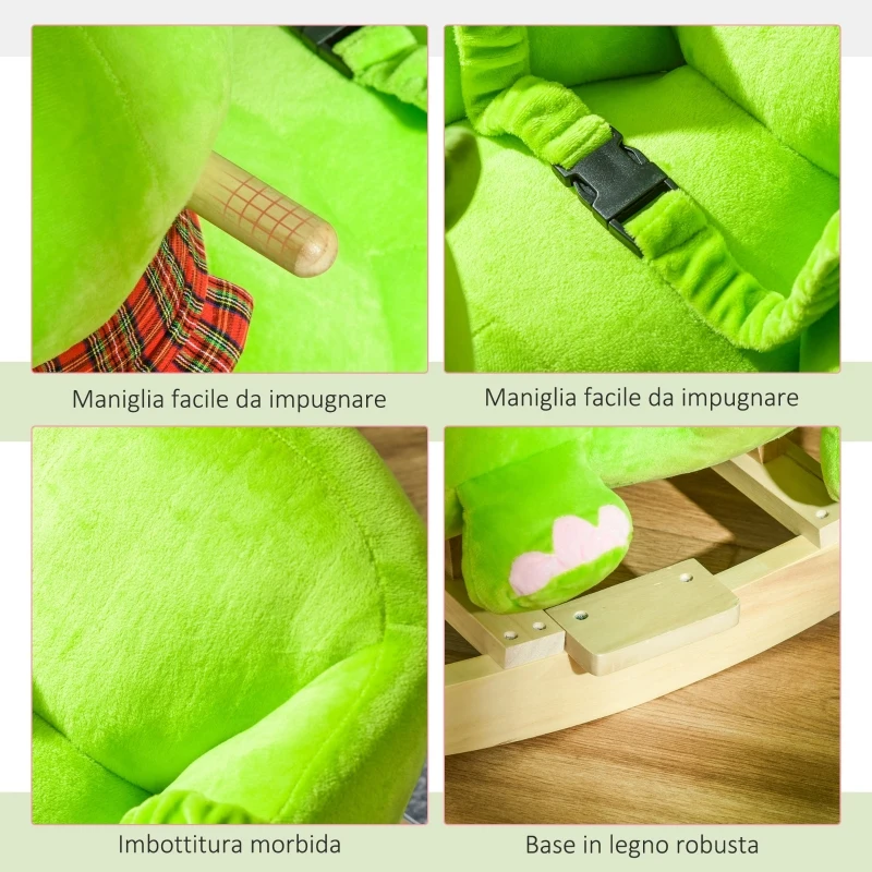 HOMCOM Cavallo a Dondolo con Ruote, Cavalluccio a Dondolo a Forma di Drago per Bambini 18-36 Mesi, in Legno e Peluche Verde