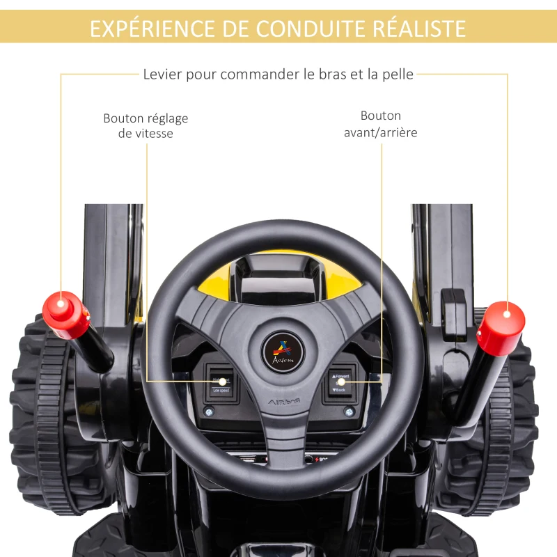 HOMCOM Tracteur électrique Enfant - tractopelle Enfants 6V - V. Max. 2,5 Km/h - Effets Lumineux sonores - Pelle Manuelle - métal PP Noir Jaune(m-6)