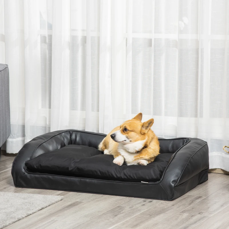 PawHut Panier lit pour chien chat matelas lavable coussin amovible déhoussable revêtement synthétique simili cuir moelleux grand confort pour grand chien chat - noir