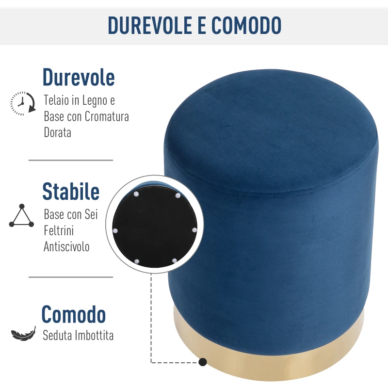 HOMCOM Pouf Design Rotondo, Poggiapiedi Cilindrico Blu con Base Oro e Seduta Imbottita, Casa/Negozio, Ф36x42cm-Max 120kg