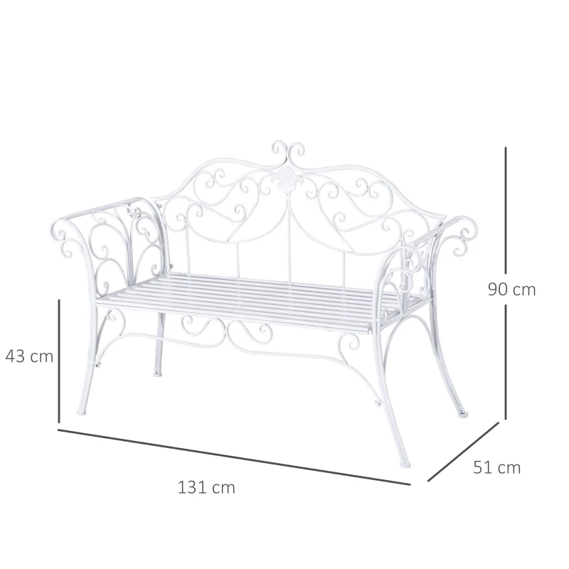 Outsunny Panchina in Metallo da Giardino, Panca da Giardino 2 Posti, 134x51x89cm - Bianco