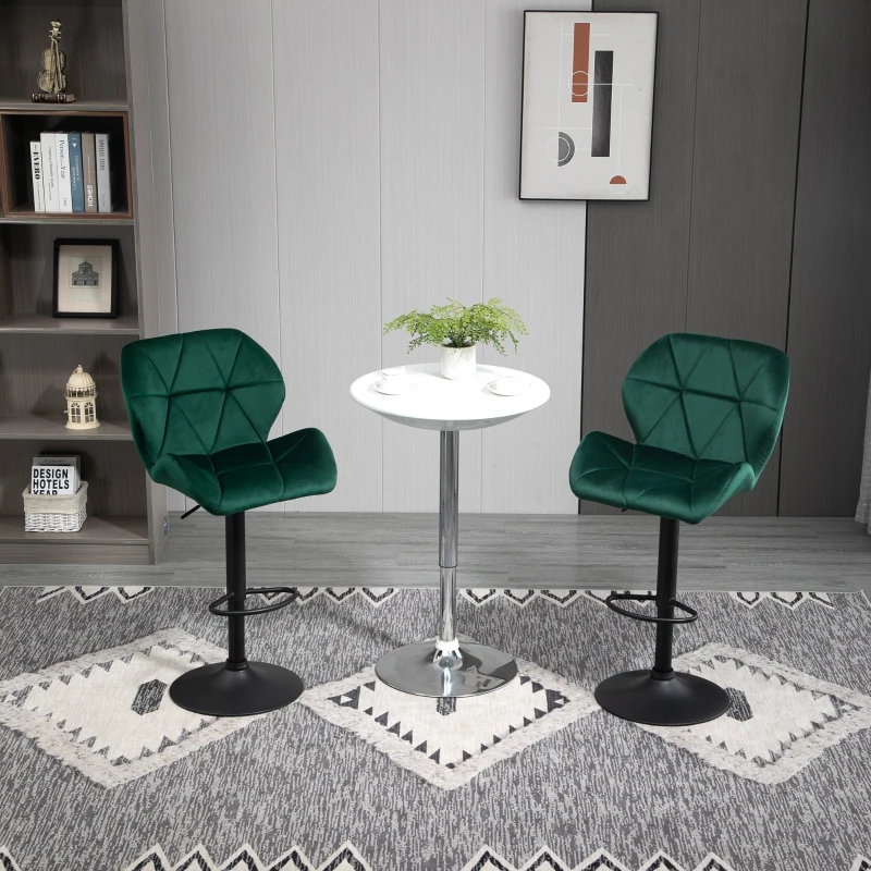 HOMCOM Set 2 Sgabelli da Bar, Altezza Regolabile con Base in Metallo e Seduta in Velluto, Sgabelli Moderni con Schienale e Poggiapiedi, 46x48x83-104cm, Verde