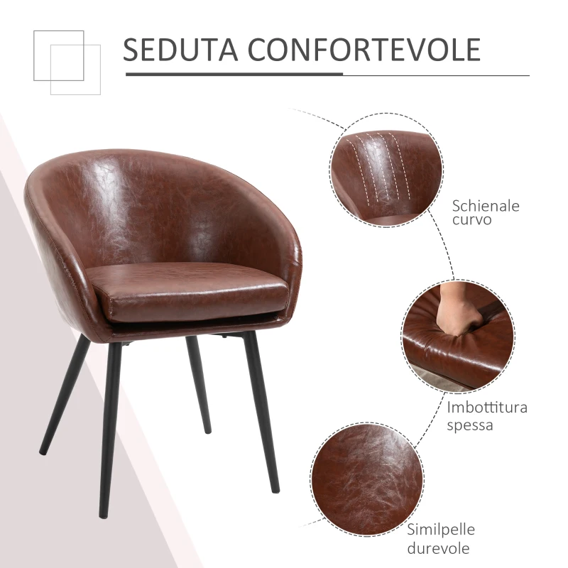 HOMCOM Sedia per Soggiorno Imbottita Stile Vintage con Braccioli, Gambe in Metallo e Rivestimento PU, 61x58x74cm, Marrone