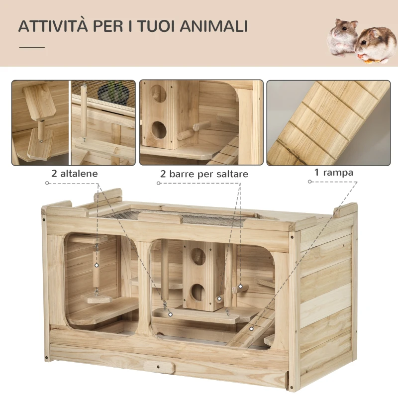 PawHut Gabbia per Criceti in Legno di Abete con Giochi e Casette, Parete in Vetro e Tetto Apribile, 78x40x44cm Colore Naturale