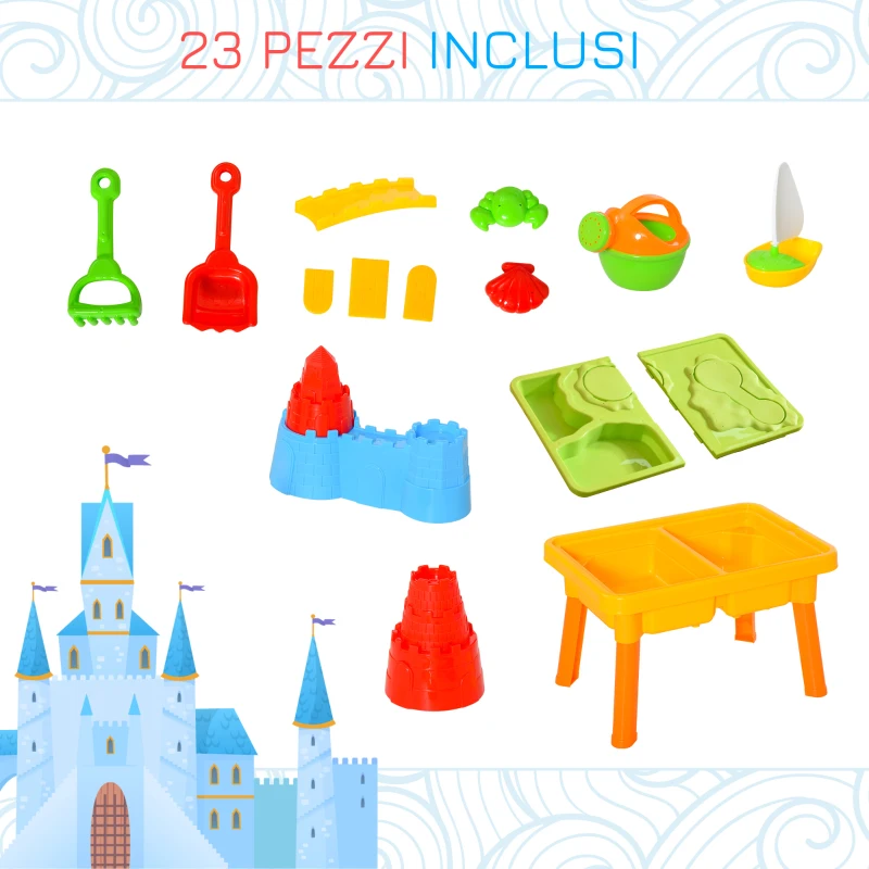 HOMCOM Sabbiera per Bambini Tavolo da Gioco Sensoriale con 2 Vani Separati per Acqua e Sabbia, 23 Pezzi, 59x42x37cm