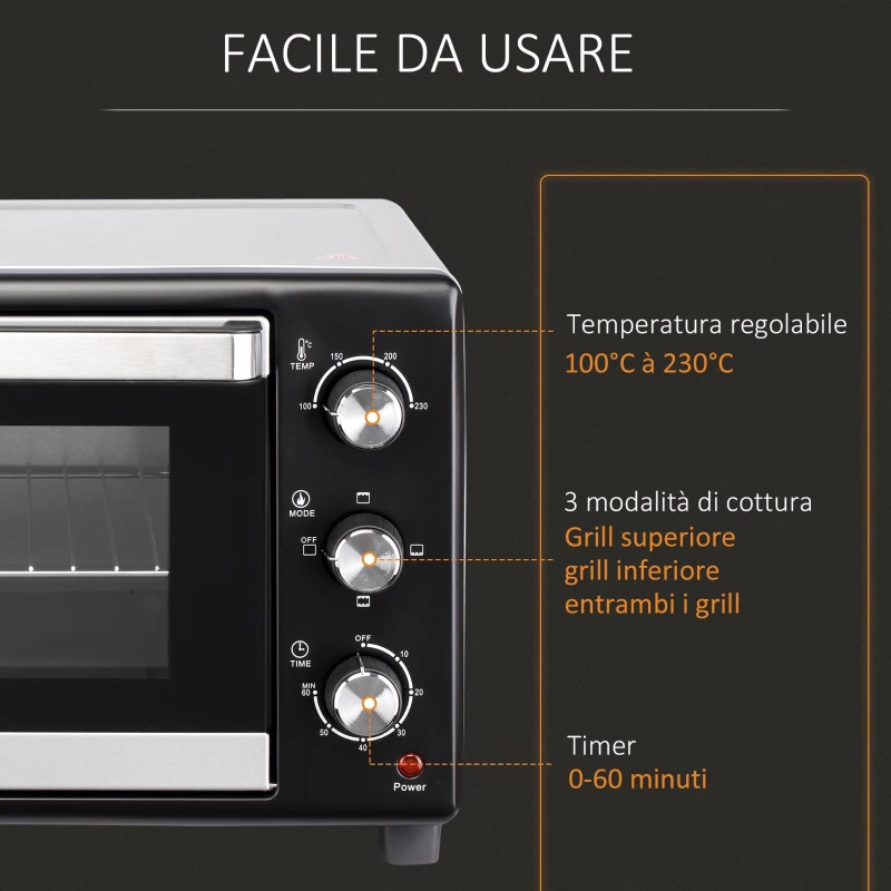 HOMCOM Fornetto Elettrico 28L Timer e Temperatura Regolabile, 3 Modalità di Cottura e Accessori, 1600W, 48.6x36.3x32cm, Argento Nero