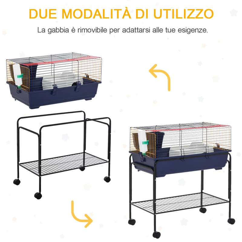 PawHut Gabbia per Conigli Porcellini d'India e Piccoli Animali con Struttura Rialzata, Ruote Girevoli e Accessori Inclusi 78x44x91cm