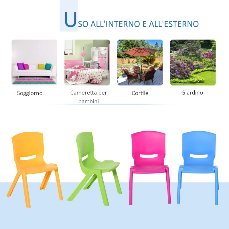 HOMCOM Sedie per Bambini fino 30kg, Set 4 Seggioline per Bambini Impilabili e Colorate per Interno Esterno, 36x38x56.5cm