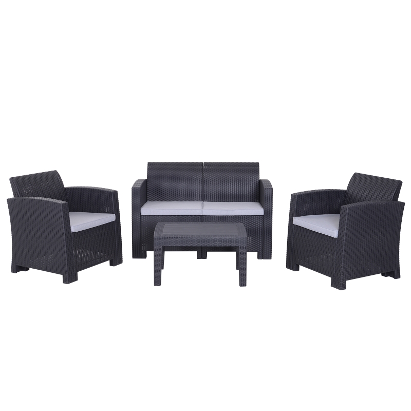 Outsunny Salon de jardin 4 pers. 4 pièces style contemporain coussins grand confort inclus polyester gris clair résine tressée noir