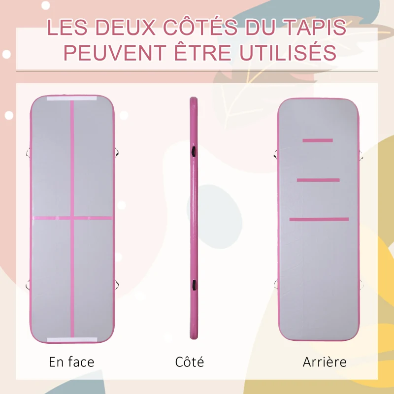 HOMCOM Airtrack tapis de gymnastique gonflable tapis de tumbling entraînement avec pompe à air électrique dim. 300L x 100l x 10H cm tissu stratifié PVC rose
