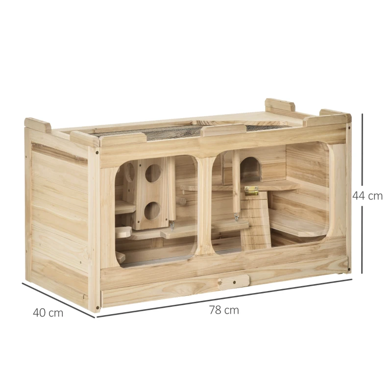 PawHut Gabbia per Criceti in Legno di Abete con Giochi e Casette, Parete in Vetro e Tetto Apribile, 78x40x44cm Colore Naturale