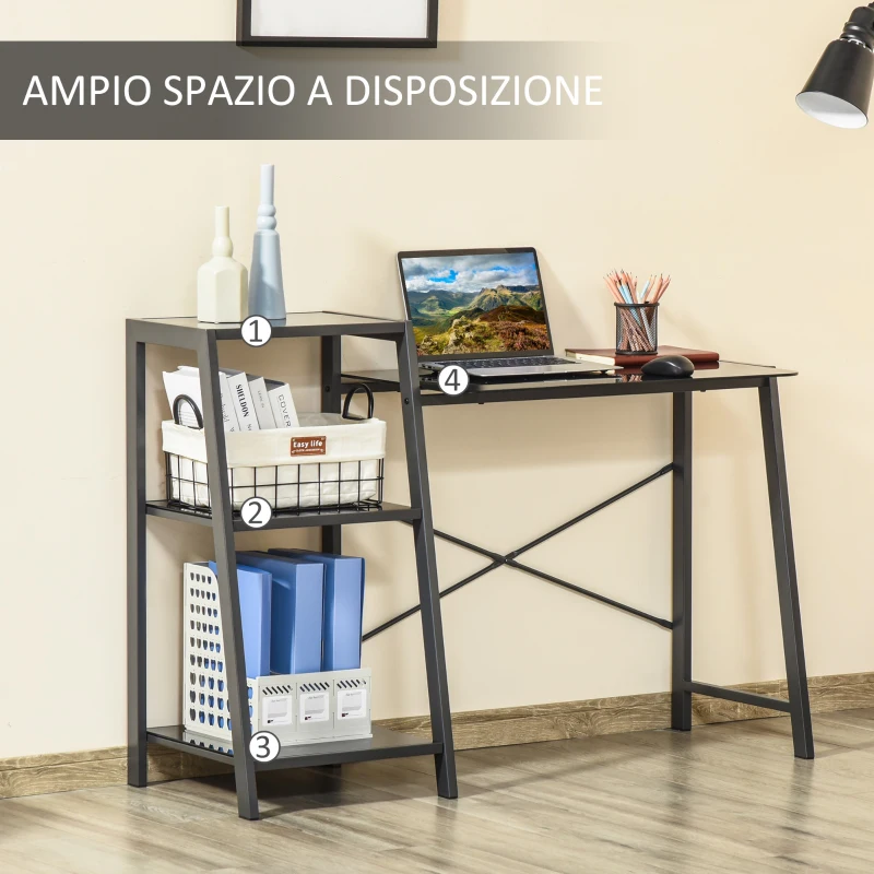 HOMCOM Scrivania per Camera e Ufficio con Scaffale 3 Ripiani, Scrivania Moderna in Vetro e Metallo, 126x45x86.7cm, Nero
