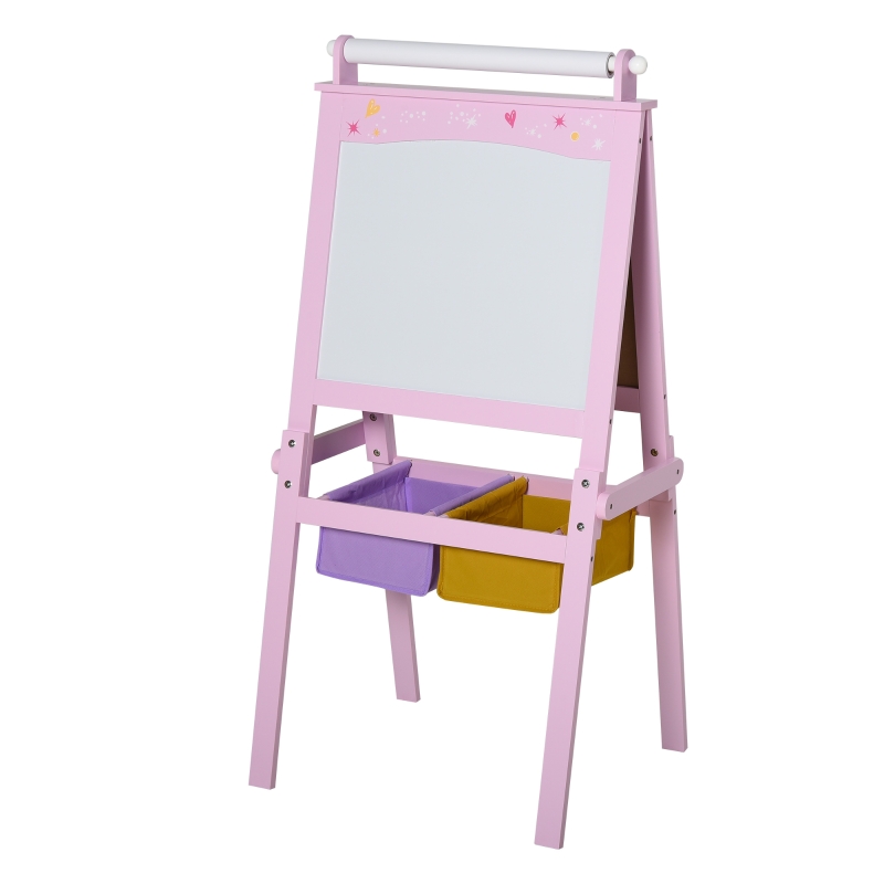 Homcom Lavagnetta con Cavalletto per Bambini 3 in 1 e con Rullo Fogli di Carta in Legno Rosa