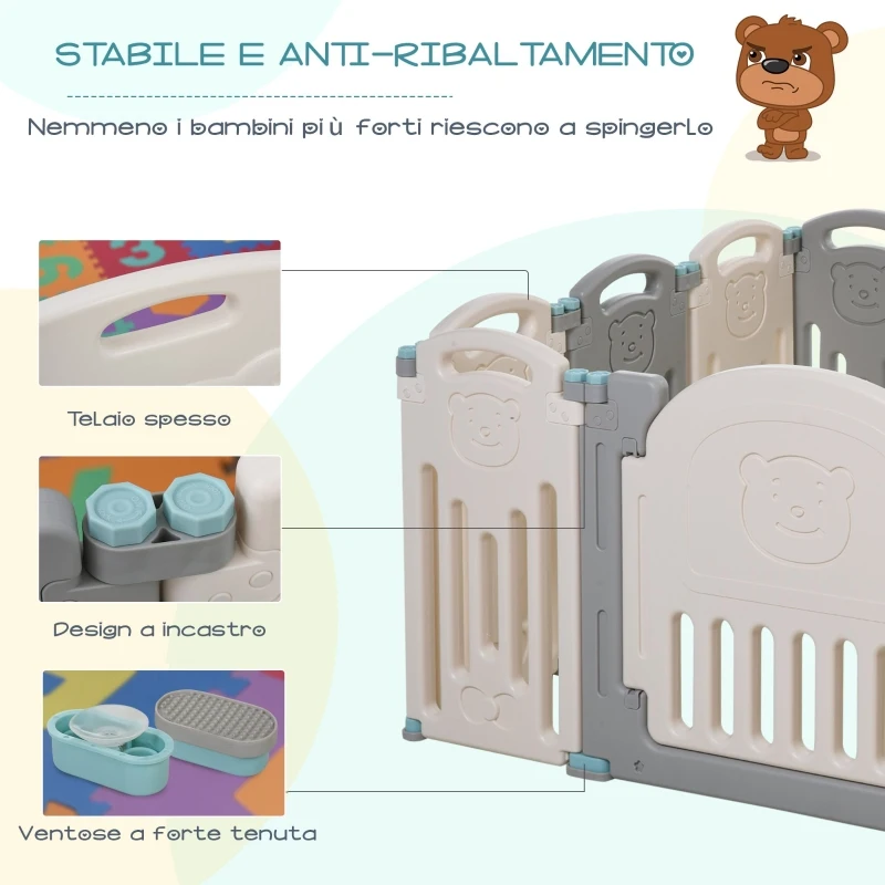 HOMCOM Recinto per Bambini +6 Mesi da 12 Pezzi con Struttura a Incastro, Serratura e Giochi, Grigio Bianco 108x133x58cm