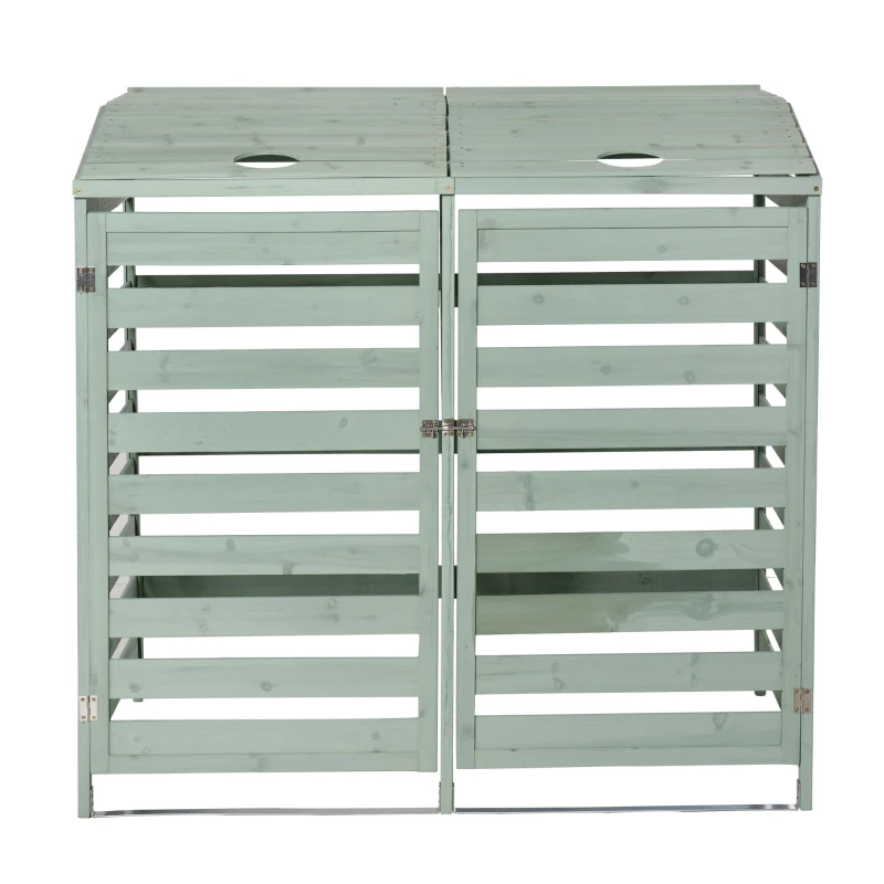 Outsunny Box Copri Bidoni Spazzatura da Esterno 240L, Porte e Coperchio Apribili in Legno di Abete 131x85x125cm Verde Chiaro