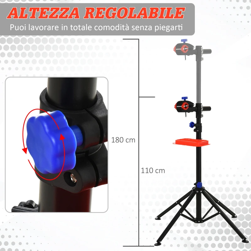 HOMCOM Cavalletto per Manutenzione Bicicletta con Telaio 4-8cm, Altezza Regolabile Morsetto 360° e Vassoio Portautensili